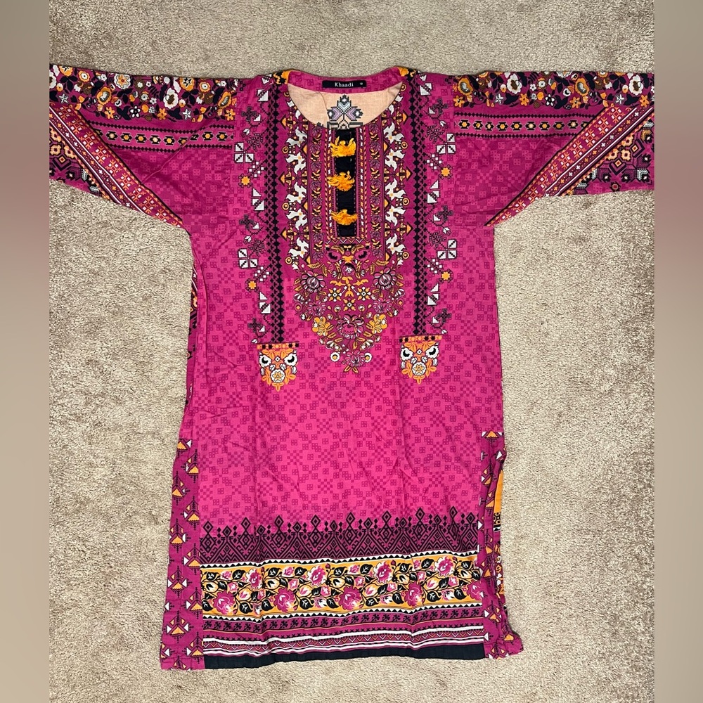 Khaadi Kurta Self Printed Long Sleeves Vibrant Pink/Black/Orange Size 12